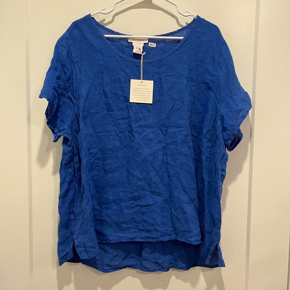Isaac Mizrahi New York Blue 100% Linen Short Sleeve Blouse Top Plus 2X NWT